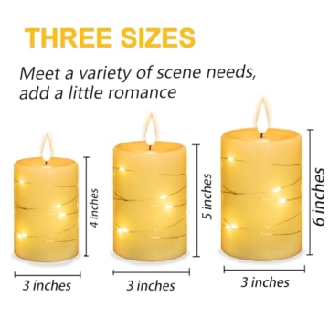 Flameless Battery Operated Flickering Valentine's Romantic Candle,with Embedded String Lights 3 Pack LED Electric Candle with 10-Key Remote Control, Dancing Flame, Real Wax(Batteries not Included)