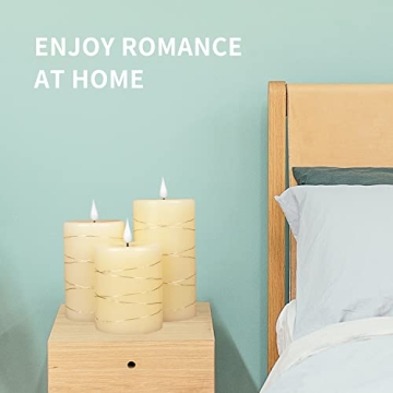Flameless Battery Operated Flickering Valentine's Romantic Candle,with Embedded String Lights 3 Pack LED Electric Candle with 10-Key Remote Control, Dancing Flame, Real Wax(Batteries not Included)