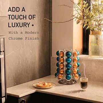 Peak Coffee Capsule Holder for 70 Nespresso Vertuo Vertuoline Pods - 40 Displayed on Outer with 30 Inside Carousel – Capsules Pod Storage Organiser 360° Rotating Rack Stand – Chrome