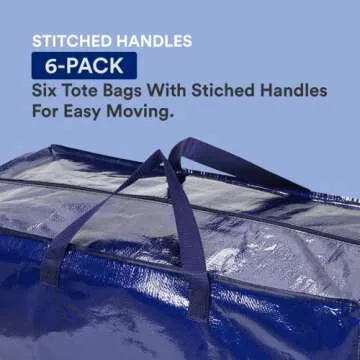 BOX USA Heavy Duty Moving Bags 29.1" x 14.2" x 13", Pack of 6 - Extra Large | Blue Plastic Moving Totes suitable for Packing Clothes, College Dorms, or used as a Water-Resistant Storage Tote