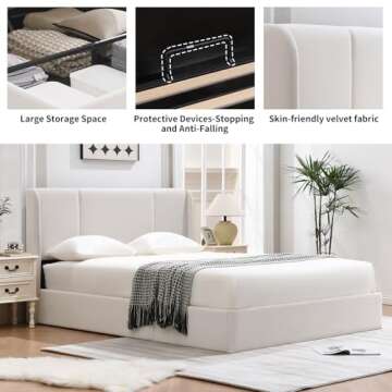 VELOCAVA King Size Lift Up Storage Bed with Modern Wingback Headboard, Upholstered Platform Bed with Fabric with Hydraulic Support Bars, No Box Spring Needed, Large Underneath Storage, White