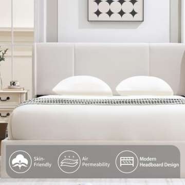 VELOCAVA King Size Lift Up Storage Bed with Modern Wingback Headboard, Upholstered Platform Bed with Fabric with Hydraulic Support Bars, No Box Spring Needed, Large Underneath Storage, White