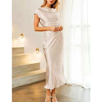 2023 Satin Cap Sleeve Cowl Back Summer Dresses for Women Elegant Ruched Waist Wedding Guest Midi Dress Emerald…