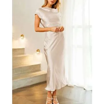 2023 Satin Cap Sleeve Cowl Back Summer Dresses for Women Elegant Ruched Waist Wedding Guest Midi Dress Emerald…