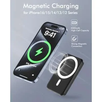 podoru for Magsafe Battery Pack, 5000mAh Magnetic Power Bank with Type-C Cable 20W PD Fast Charging Lighting Input Wireless Portable Charger for iPhone 16/15/14/13/12/ All Series-Black