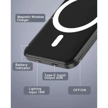 podoru for Magsafe Battery Pack, 5000mAh Magnetic Power Bank with Type-C Cable 20W PD Fast Charging Lighting Input Wireless Portable Charger for iPhone 16/15/14/13/12/ All Series-Black