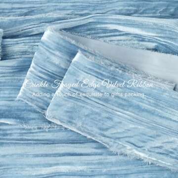 DINDOSAL Dusty Blue Velvet Ribbon 3 inch Blue Frayed Velvet Ribbon Crinkle Blue Silk Velvet for Wrea...