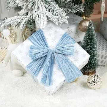 DINDOSAL Dusty Blue Velvet Ribbon 3 inch Blue Frayed Velvet Ribbon Crinkle Blue Silk Velvet for Wreaths, Christmas Tree Decoration, Flower Bouquet, Gift Wrapping, Bows, Wedding -3 Yards