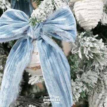 DINDOSAL Dusty Blue Velvet Ribbon 3 inch Blue Frayed Velvet Ribbon Crinkle Blue Silk Velvet for Wreaths, Christmas Tree Decoration, Flower Bouquet, Gift Wrapping, Bows, Wedding -3 Yards