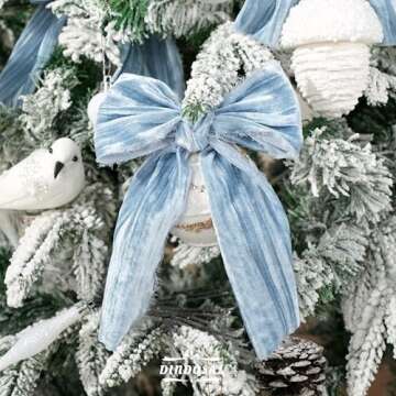 DINDOSAL Dusty Blue Velvet Ribbon 3 inch Blue Frayed Velvet Ribbon Crinkle Blue Silk Velvet for Wreaths, Christmas Tree Decoration, Flower Bouquet, Gift Wrapping, Bows, Wedding -3 Yards