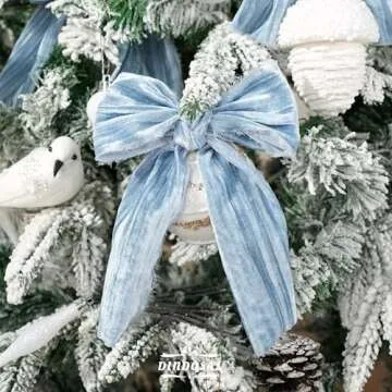 DINDOSAL Dusty Blue Velvet Ribbon 3 inch Blue Frayed Velvet Ribbon Crinkle Blue Silk Velvet for Wreaths, Christmas Tree Decoration, Flower Bouquet, Gift Wrapping, Bows, Wedding -3 Yards