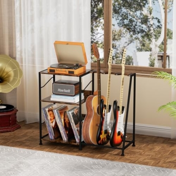 Hosfais Record Player Stand, 3 Tier Guitar Stand for Acoustic, Electric Guitar, Bass Stand, Vinyl Record Storage Up to 200 Albums, Brown Records Shelf for Living Room Bedroom
