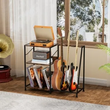Hosfais Record Player Stand, 3 Tier Guitar Stand for Acoustic, Electric Guitar, Bass Stand, Vinyl Record Storage Up to 200 Albums, Brown Records Shelf for Living Room Bedroom
