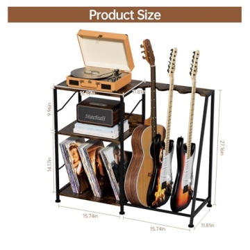 Hosfais Record Player Stand, 3 Tier Guitar Stand for Acoustic, Electric Guitar, Bass Stand, Vinyl Record Storage Up to 200 Albums, Brown Records Shelf for Living Room Bedroom