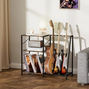 Hosfais Record Player Stand, 3 Tier Guitar Stand for Acoustic, Electric Guitar, Bass Stand, Vinyl Record Storage Up to 200 Albums, Brown Records Shelf for Living Room Bedroom