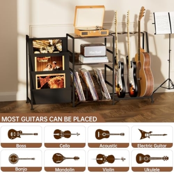 Hosfais Record Player Stand, 3 Tier Guitar Stand for Acoustic, Electric Guitar, Bass Stand, Vinyl Record Storage Up to 200 Albums, Brown Records Shelf for Living Room Bedroom
