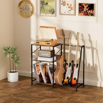 Hosfais Record Player Stand, 3 Tier Guitar Stand for Acoustic, Electric Guitar, Bass Stand, Vinyl Record Storage Up to 200 Albums, Brown Records Shelf for Living Room Bedroom