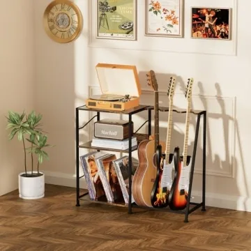 Hosfais Record Player Stand, 3 Tier Guitar Stand for Acoustic, Electric Guitar, Bass Stand, Vinyl Record Storage Up to 200 Albums, Brown Records Shelf for Living Room Bedroom