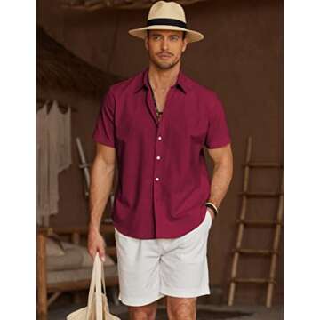 COOFANDY Men's Linen Cotton Casual Button up Shirts Slim Fit Free Wrinkle Untucked Shirts Crimson