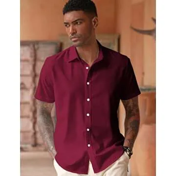 COOFANDY Men's Linen Cotton Casual Button up Shirts Slim Fit Free Wrinkle Untucked Shirts Crimson