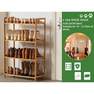 OwizJade Wooden 4 Tier Shoe Rack for Boots | Bamboo and Wood Boot Rack Cowboy Boots Organizer Adjustable Shoes Storage Shelf for Entryway | Living Room | Bedroom | Bathroom | Balcony H40 x L28 x W10