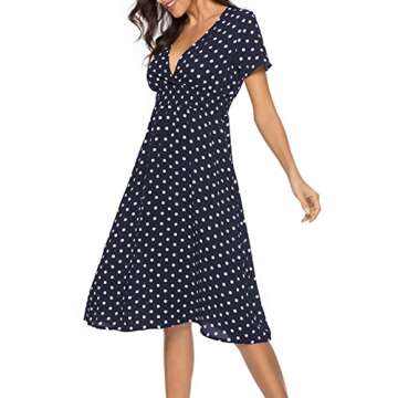 SOMTHRON Women's V Neck Floral Short Sleeve Chiffon High Rise Polka Dot Dress Elegant Vintage Retro ...
