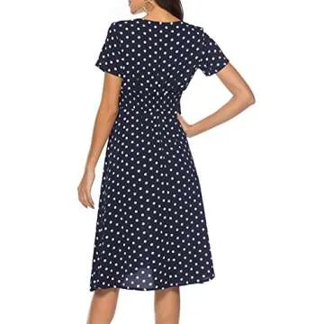 SOMTHRON Women's V Neck Floral Short Sleeve Chiffon High Rise Polka Dot Dress Elegant Vintage Retro Dress(ZQ3-M)
