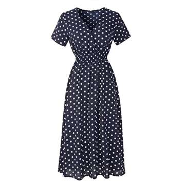 SOMTHRON Women's V Neck Floral Short Sleeve Chiffon High Rise Polka Dot Dress Elegant Vintage Retro Dress(ZQ3-M)