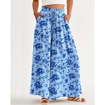 BTFBM Women Casual High Waist Wide Leg Pants Summer Floral Solid Long Palazzo Pants Lounge Beach Tro...