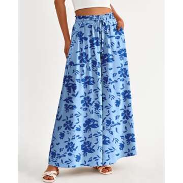 BTFBM Women Casual High Waist Wide Leg Pants Summer Floral Solid Long Palazzo Pants Lounge Beach Trousers with Pocket(Print Blue, Large)