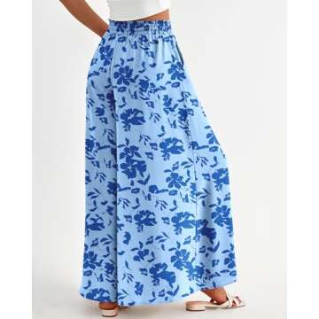 BTFBM Women Casual High Waist Wide Leg Pants Summer Floral Solid Long Palazzo Pants Lounge Beach Trousers with Pocket(Print Blue, Large)