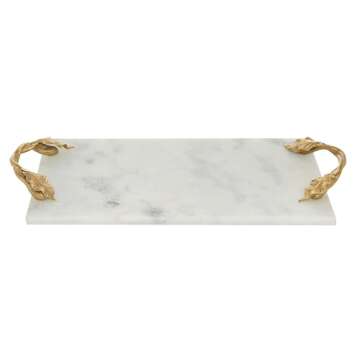 Deco 79 Large Rectangular White Marble Serving Tray with Golden Leaf Handles for Home Decor