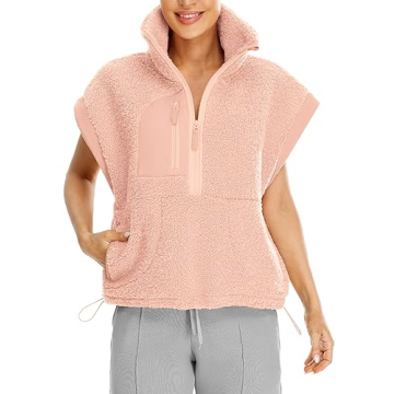icyzone Women's Half Zip Sherpa Fleece Cap Sleeve Pullover Jacket, Oversized Warm Fuzzy Sweatshirt w...