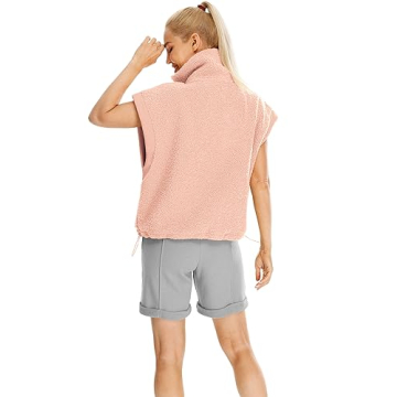 icyzone Women's Half Zip Sherpa Fleece Cap Sleeve Pullover Jacket, Oversized Warm Fuzzy Sweatshirt with Pockets (Nude Pink, L)