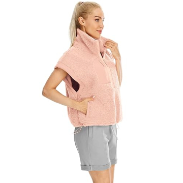 icyzone Women's Half Zip Sherpa Fleece Cap Sleeve Pullover Jacket, Oversized Warm Fuzzy Sweatshirt with Pockets (Nude Pink, L)