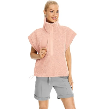 icyzone Women's Half Zip Sherpa Fleece Cap Sleeve Pullover Jacket, Oversized Warm Fuzzy Sweatshirt with Pockets (Nude Pink, L)