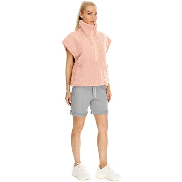 icyzone Women's Half Zip Sherpa Fleece Cap Sleeve Pullover Jacket, Oversized Warm Fuzzy Sweatshirt with Pockets (Nude Pink, L)