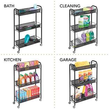 mDesign Steel Rolling Utility Cart Storage Organizer Trolley with 3 Basket Shelves for Laundry Room, Mudroom, Garage, Bathroom Organization - Holds Detergents, Hand Soap - Biro Collection, Black