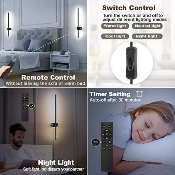 GOODATE Wall Sconces Set of Two with Remote, Stepless Colors 3000K-6500K & Stepless Dimming, Hardwire or Plug-in, 180° Rotate, LED Black Plug in Wall Sconces with Timer & Night Light, 23.6 Inches