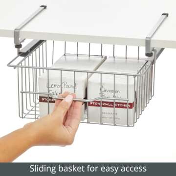 mDesign Compact Hanging Pullout Drawer Basket - Sliding Under Shelf Storage Organizer - Metal Wire - Attaches to Shelving - Easy Install - for Kitchen, Pantry, Cabinet - Silver