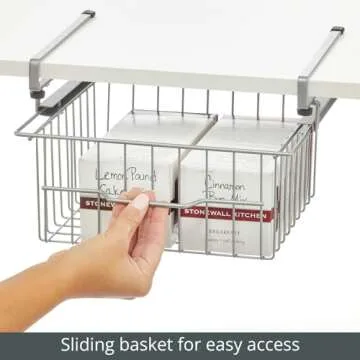 mDesign Compact Hanging Pullout Drawer Basket - Sliding Under Shelf Storage Organizer - Metal Wire - Attaches to Shelving - Easy Install - for Kitchen, Pantry, Cabinet - Silver