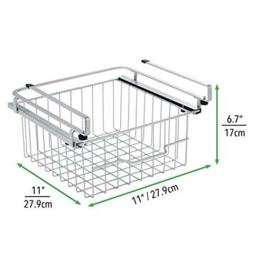 mDesign Compact Hanging Pullout Drawer Basket - Sliding Under Shelf Storage Organizer - Metal Wire - Attaches to Shelving - Easy Install - for Kitchen, Pantry, Cabinet - Silver
