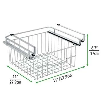 mDesign Compact Hanging Pullout Drawer Basket - Sliding Under Shelf Storage Organizer - Metal Wire - Attaches to Shelving - Easy Install - for Kitchen, Pantry, Cabinet - Silver
