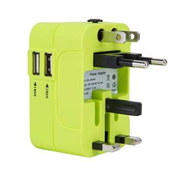 Travelon Worldwide Adapter with Dual USB Charger, Green, 2 x 2.25 x 2
