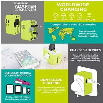 Travelon Worldwide Adapter with Dual USB Charger, Green, 2 x 2.25 x 2