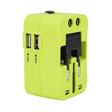 Travelon Worldwide Adapter with Dual USB Charger, Green, 2 x 2.25 x 2