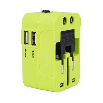 Travelon Worldwide Adapter with Dual USB Charger, Green, 2 x 2.25 x 2