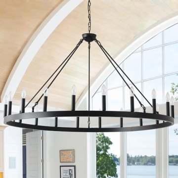 Viksroeo 53 Inch Black Extra Large Wagon Wheel Chandelier, 20-Lights Farmhouse Industrial Round High...