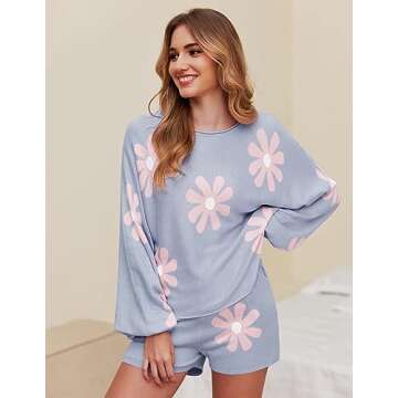 Ekouaer Knit Pajamas Set for Women Lounge Sets 2 Piece Long Sleeve Top and Shorts Pj Soft Sleepwear Cute Sweater Outfits Floral Blue M