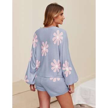 Ekouaer Knit Pajamas Set for Women Lounge Sets 2 Piece Long Sleeve Top and Shorts Pj Soft Sleepwear Cute Sweater Outfits Floral Blue M